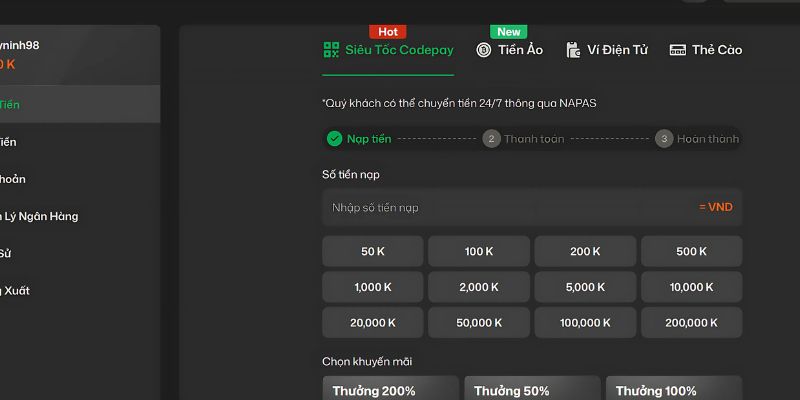 Người chơi cần nạp tiền vào ví game Vic88 
